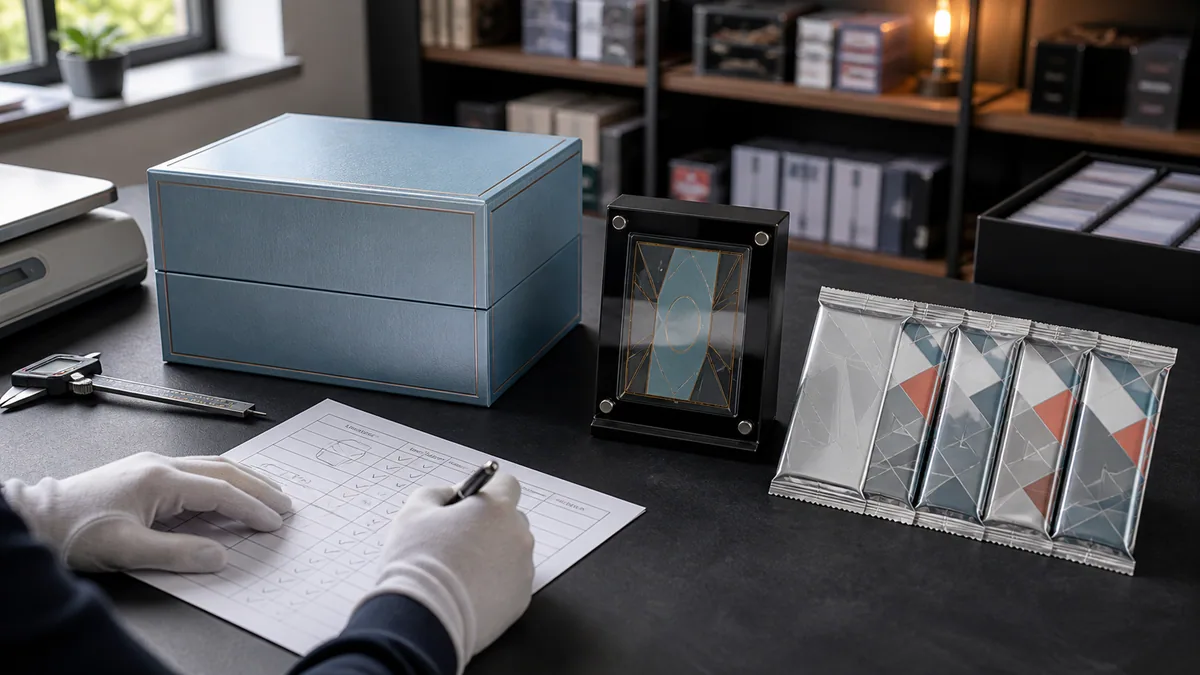 Comprador comparando caja de regalo de cartas coleccionables genérica, set de exhibición y formatos de sobres de refuerzo en un escritorio de inventario