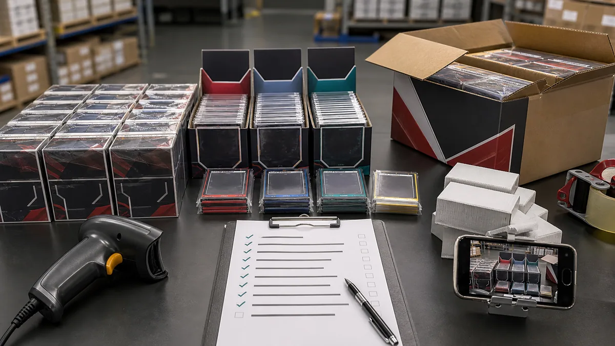 Stock de cartas coleccionables organizado para una verificación fotográfica de cantidad y estado del almacén