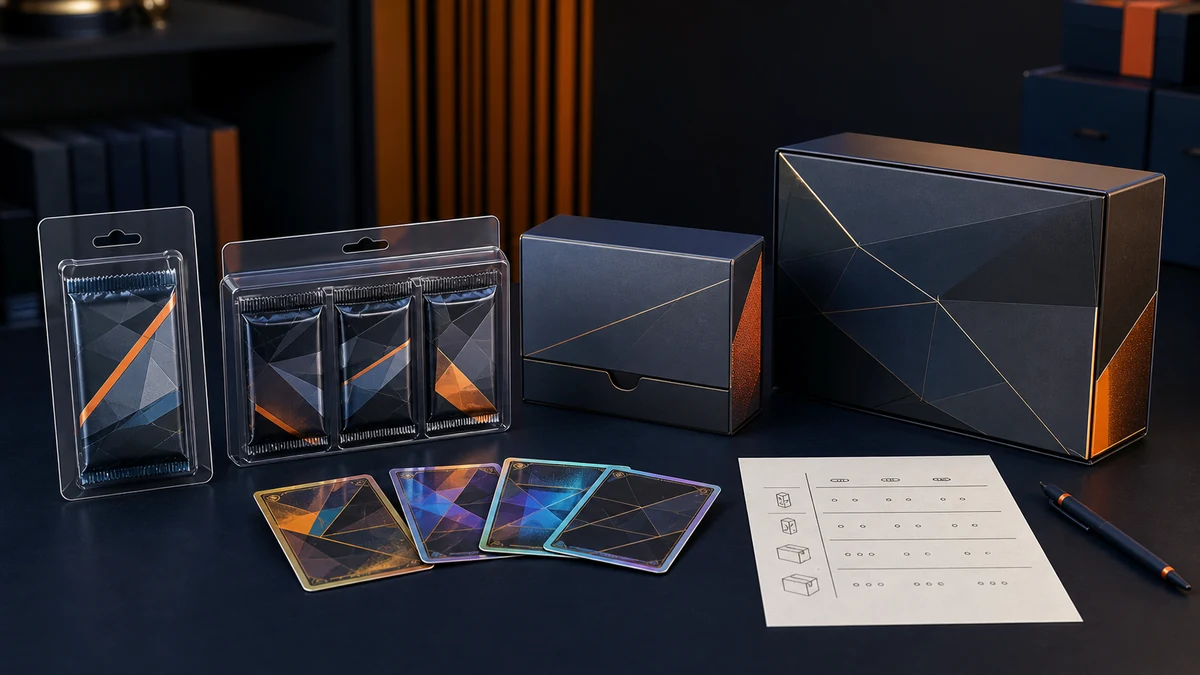 Cuatro formatos genéricos de productos de cartas coleccionables selladas organizados por tamaño en un escritorio de planificación de inventario