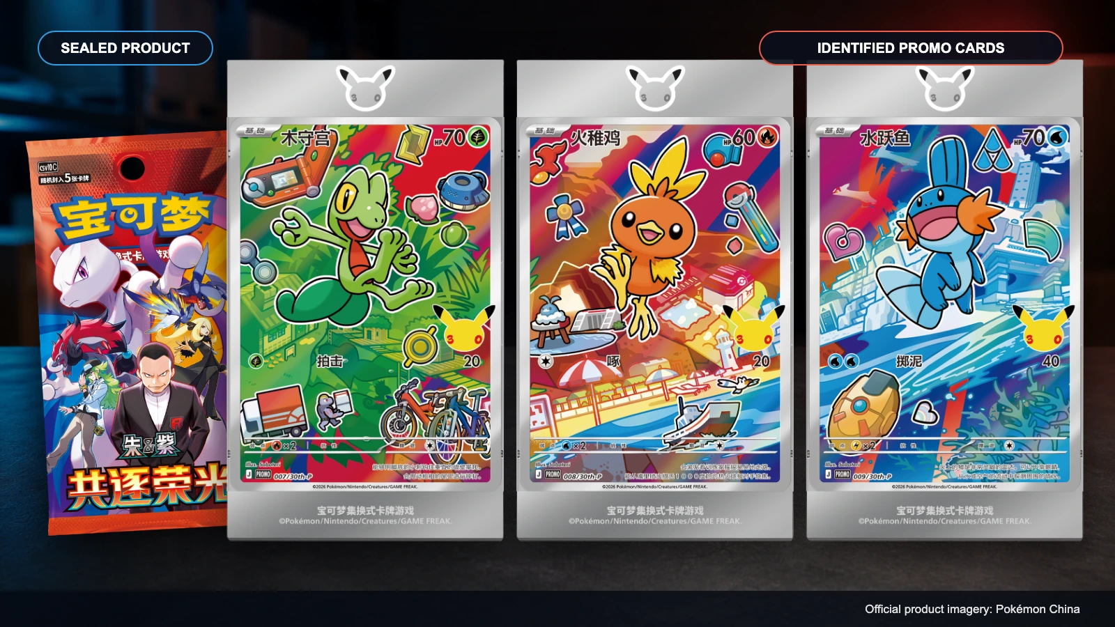 Paquete de refuerzo oficial de Pokémon China junto a cartas promocionales de Treecko, Torchic y Mudkip en marcos de exhibición