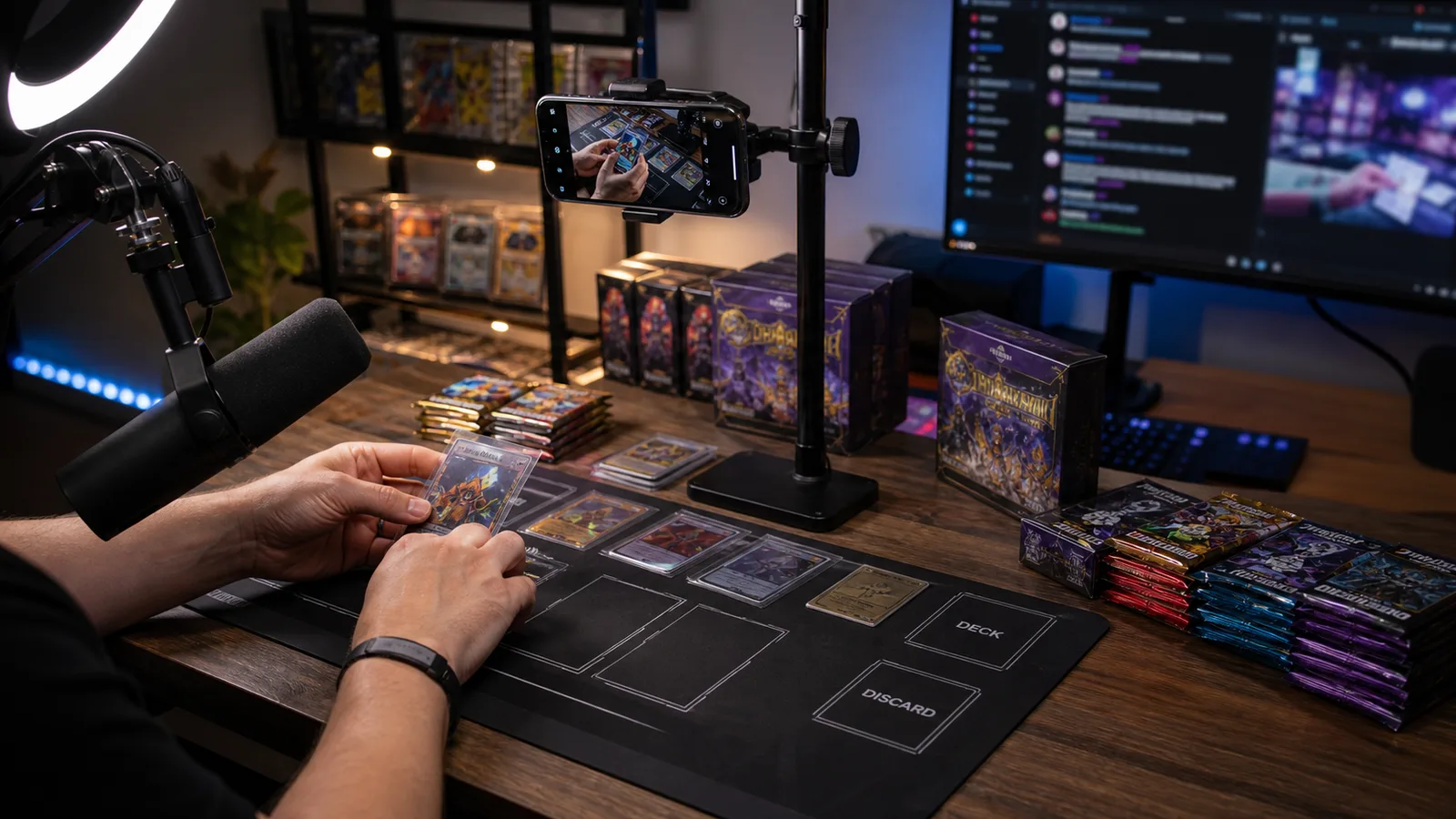 Configuración de transmisión en vivo de Pokémon TCG con soporte para teléfono, aro de luz y sobres de cartas