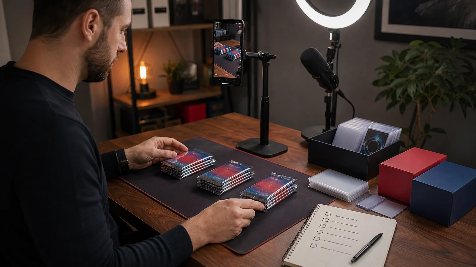 Un streamer de cartas coleccionables clasificando pequeños grupos de prueba de productos antes de un espectáculo en vivo
