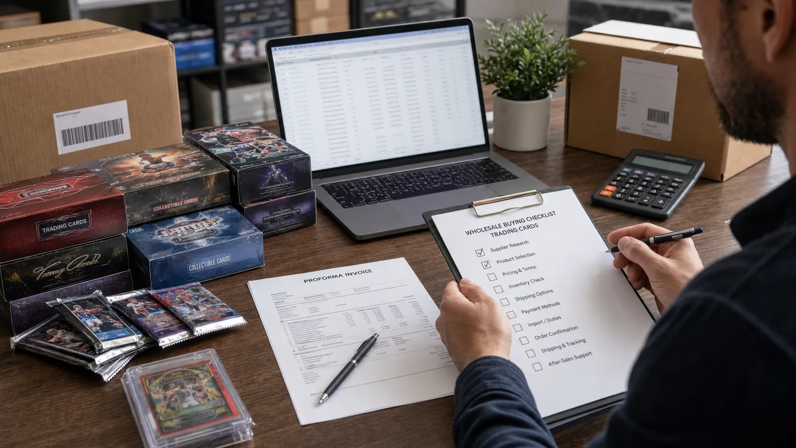 Proceso de pedido al por mayor de Pokémon TCG con facturas de cartones y lista de inventario
